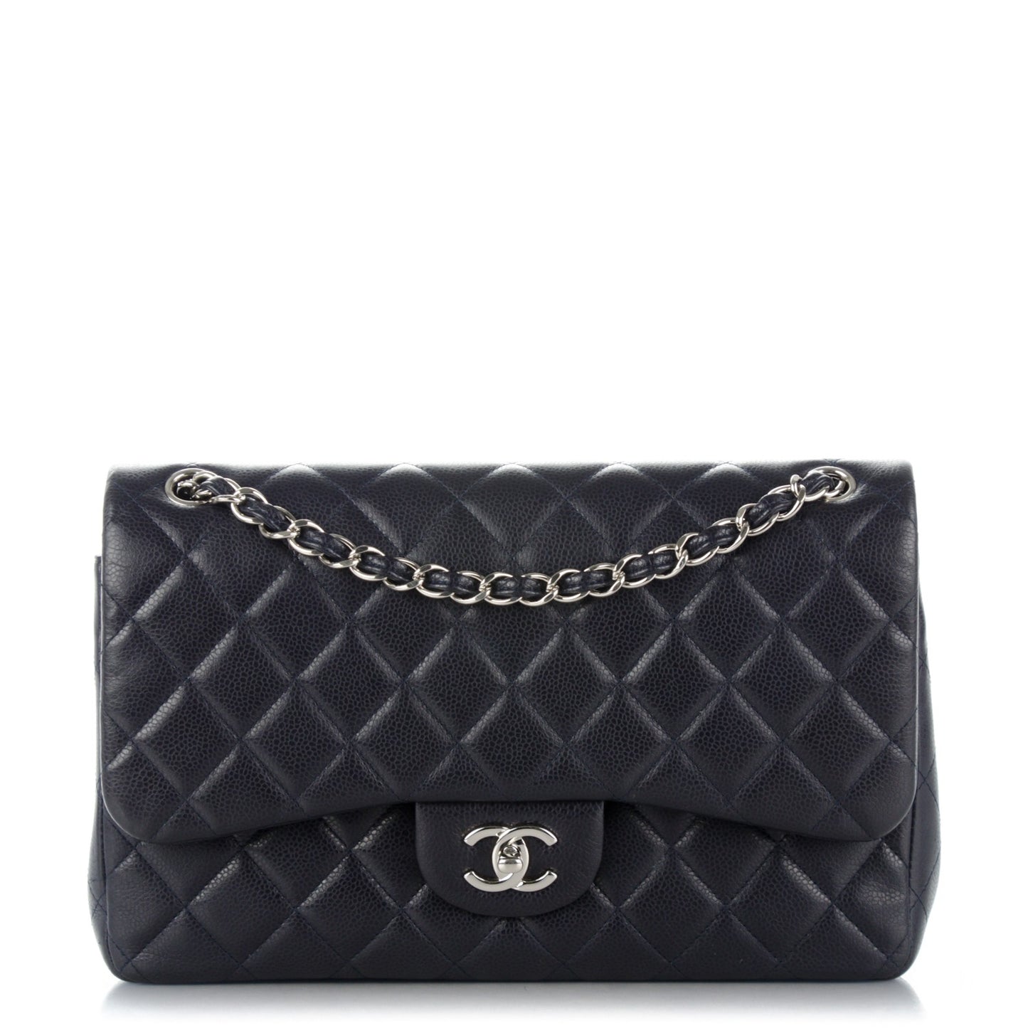 Caviar Quilted Jumbo Double Flap Navy Blue