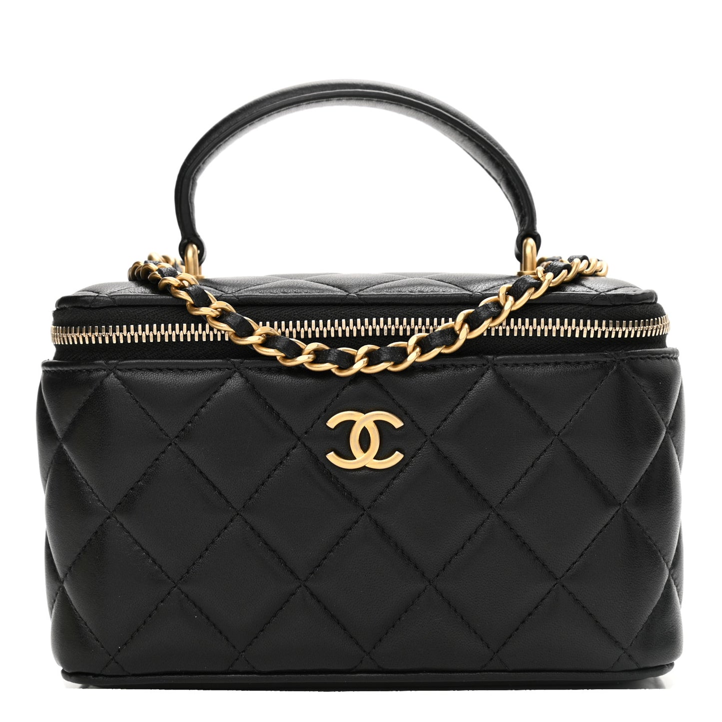 Lambskin Quilted Small Top Handle Vanity Case With Chain Black
