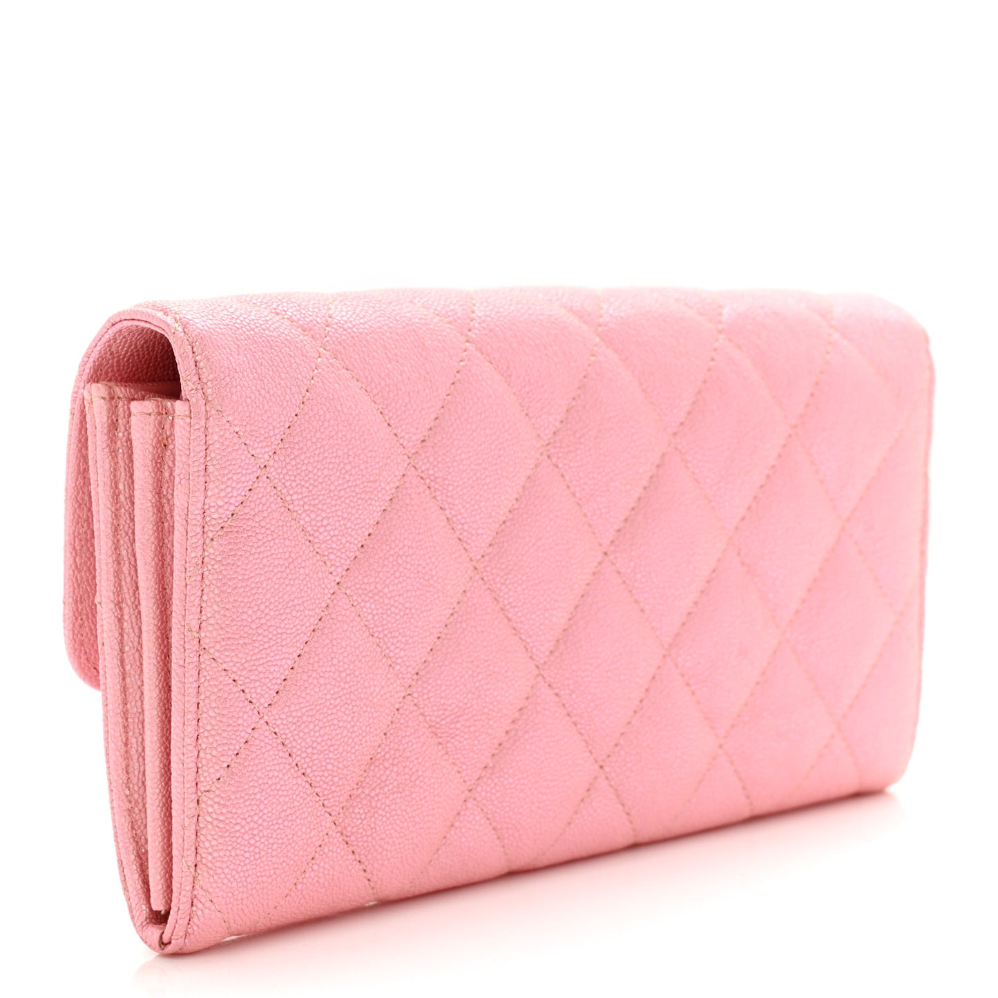 Iridescent Caviar Quilted Long Gusset Flap Wallet Rose Pink