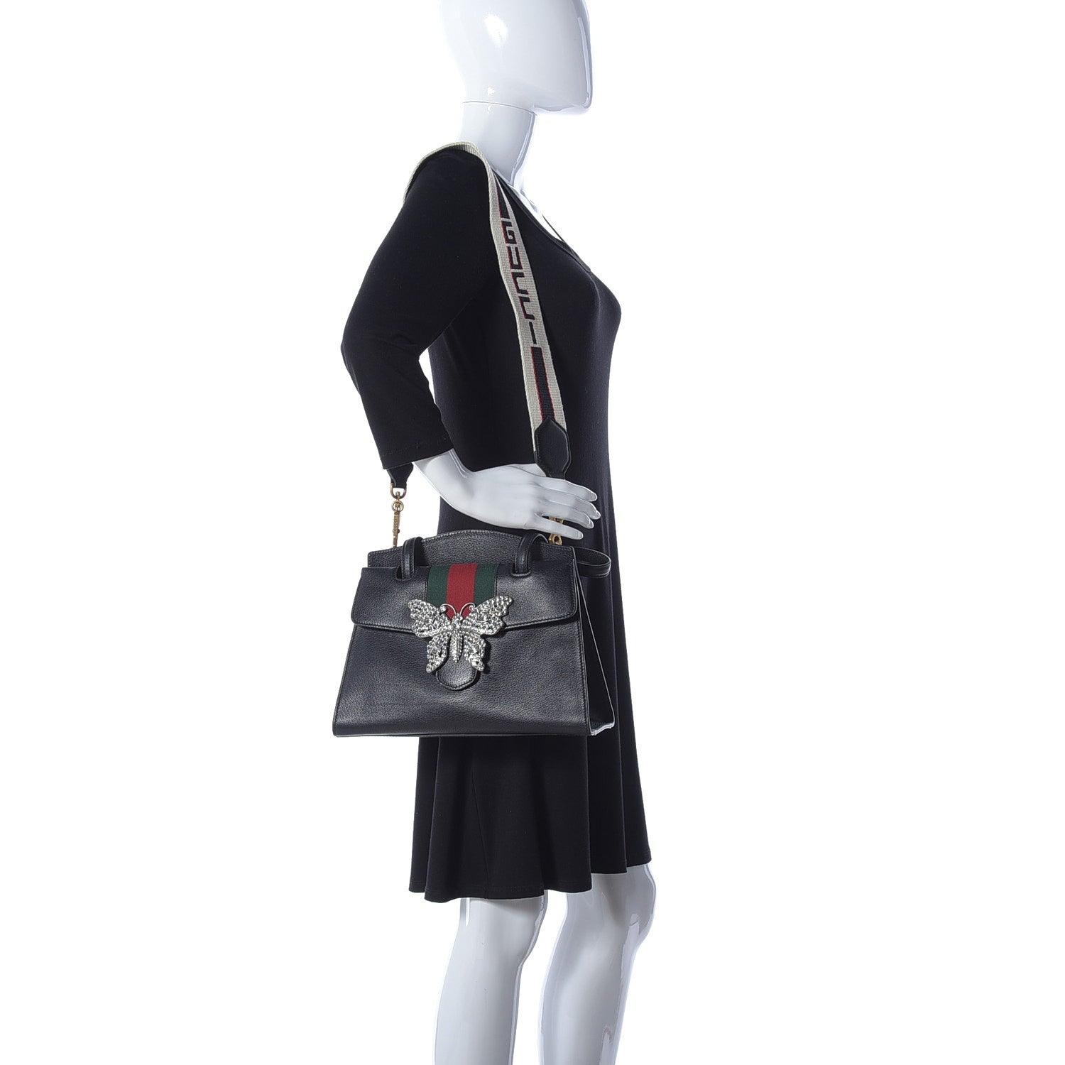 Gucci Grained Calfskin Web Crystal Butterfly Stripe Medium Totem Top Handle Bag Black 3 of 12