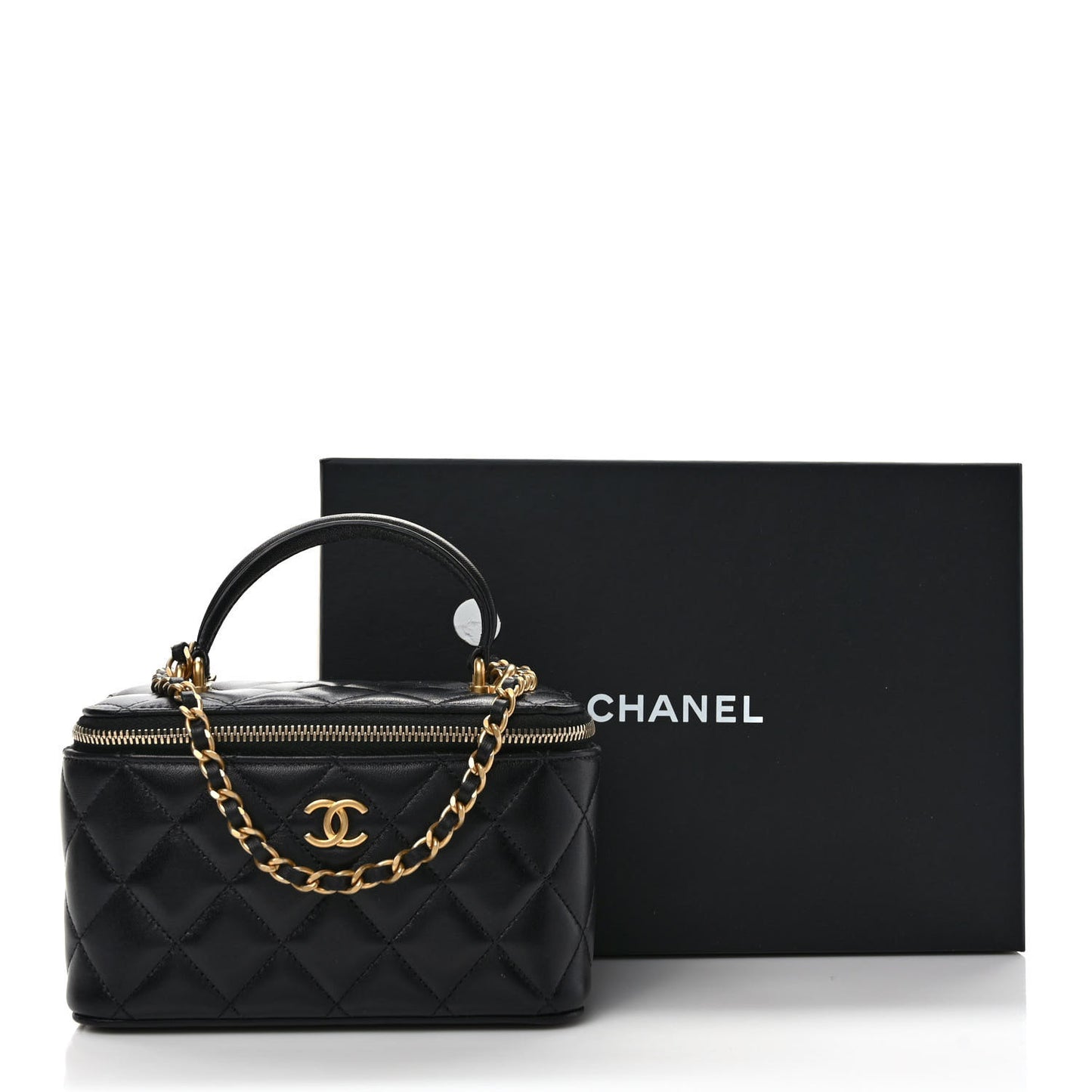 Lambskin Quilted Small Top Handle Vanity Case With Chain Black