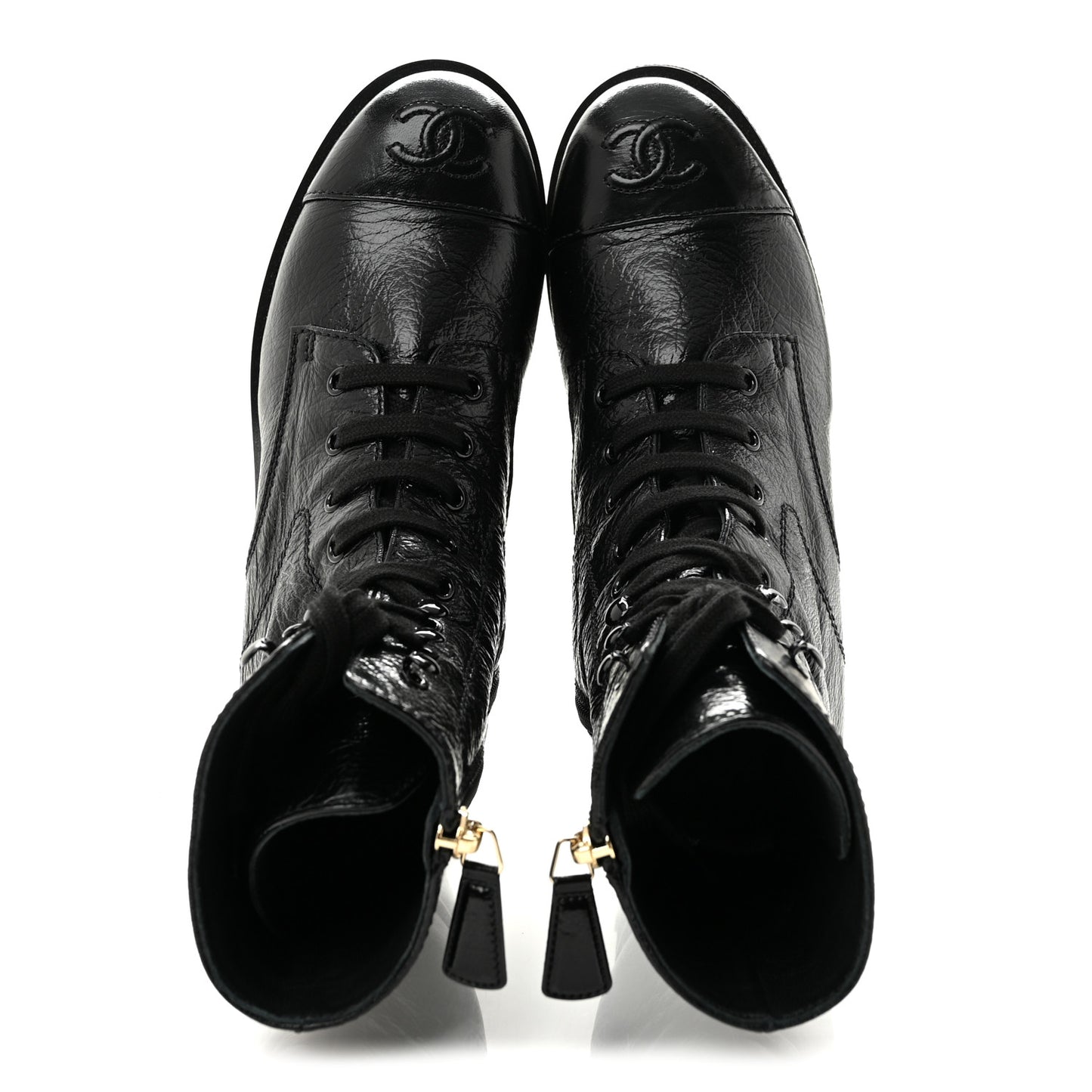 Shiny Crumpled Lambskin Lace Up Combat Boots 36 Black