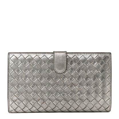 Bottega Veneta Metallic Grosgrain Intrecciato Continental Wallet Silver 1 of 12