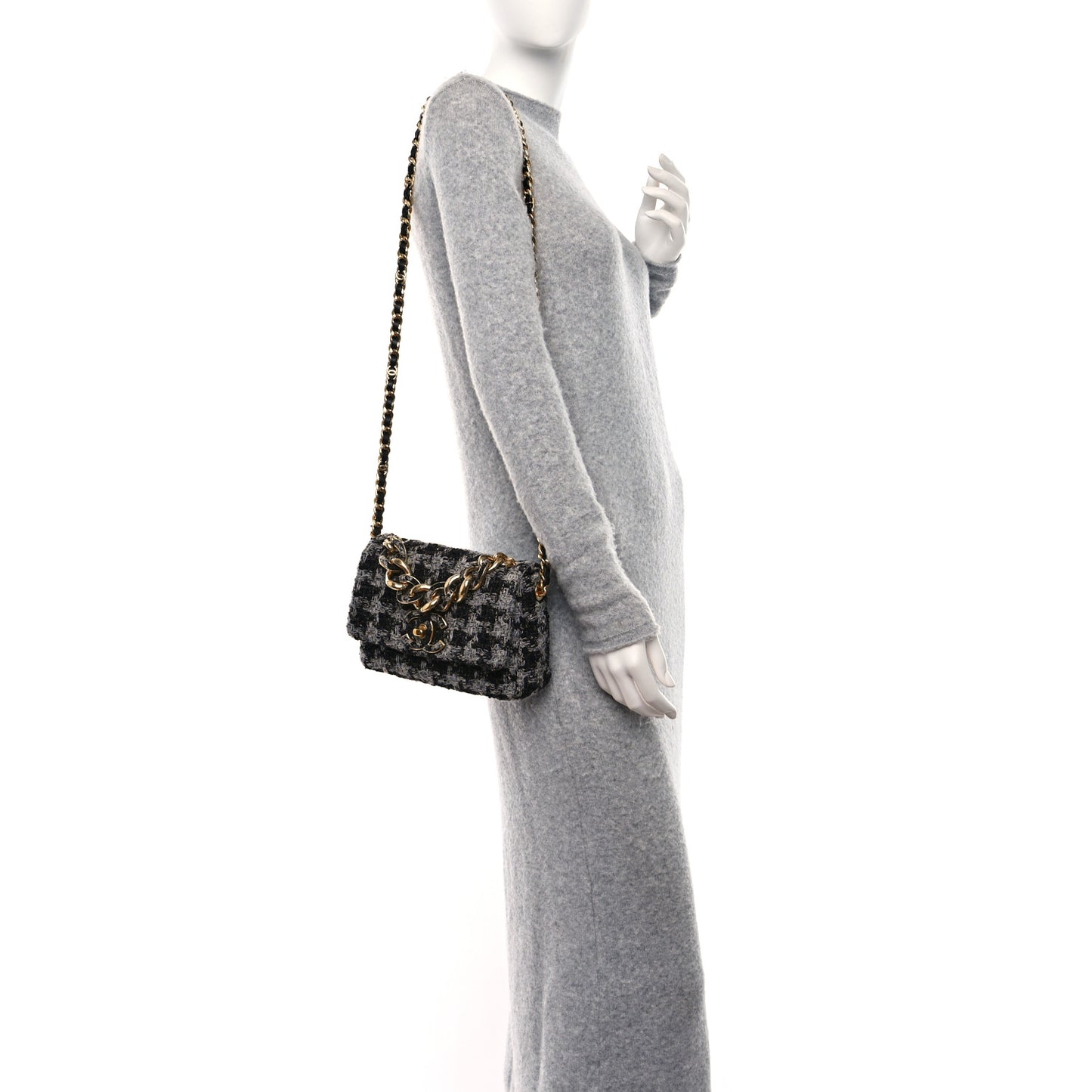 Wool Tweed Quilted Small Elegant Chain Flap Black Grey