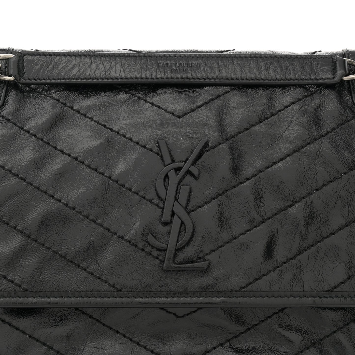 Crinkled Calfskin Matelasse Monogram Medium Niki Chain Satchel Black