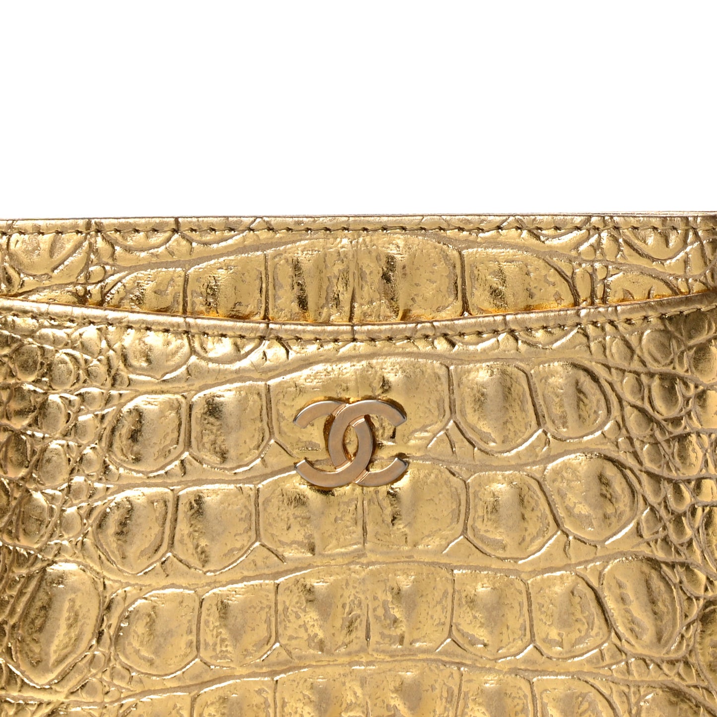 Metallic Calfskin Crocodile Embossed Cocodile Card Holder Gold