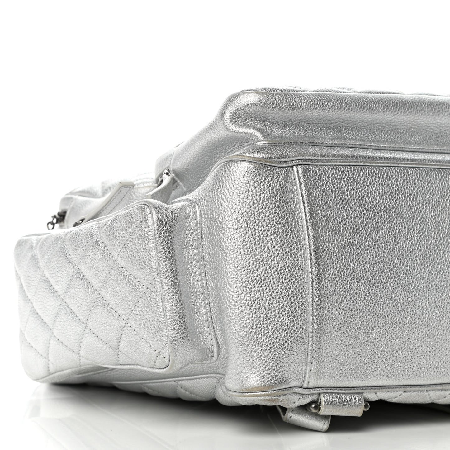 Metallic Grained Calfskin Quilted Large Casual Rock Backpack Silver