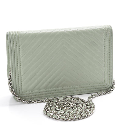 Chanel Lambskin Chevron Quilted Boy Wallet On Chain WOC Light Green 3 of 11