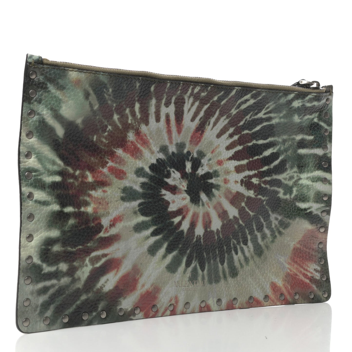 Pebbled Calfskin Tie Dye Large Rockstud Rolling Zip Pouch Deep Army Green