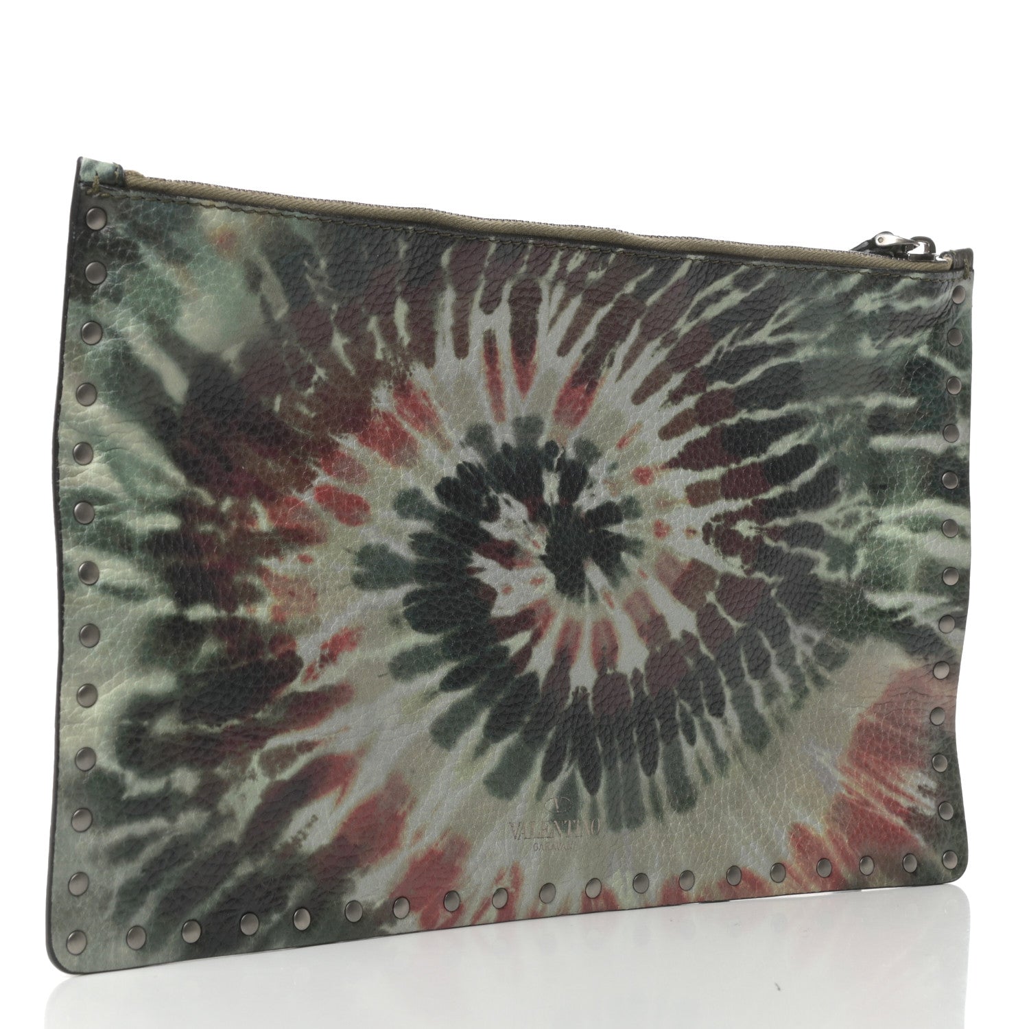 Valentino Garavani Pebbled Calfskin Tie Dye Large Rockstud Rolling Zip Pouch Deep Army Green 3 of 6