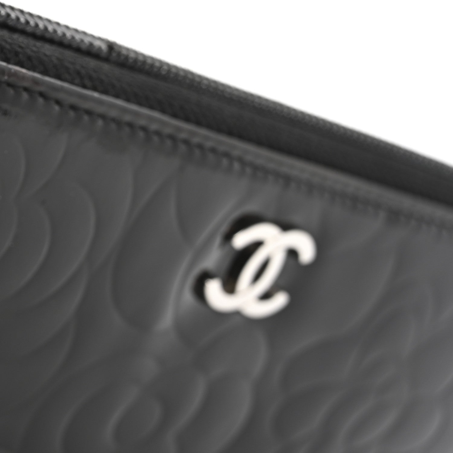 Chanel Patent Camellia Embossed Large Zip Around Gusset Wallet Black 13 of 14