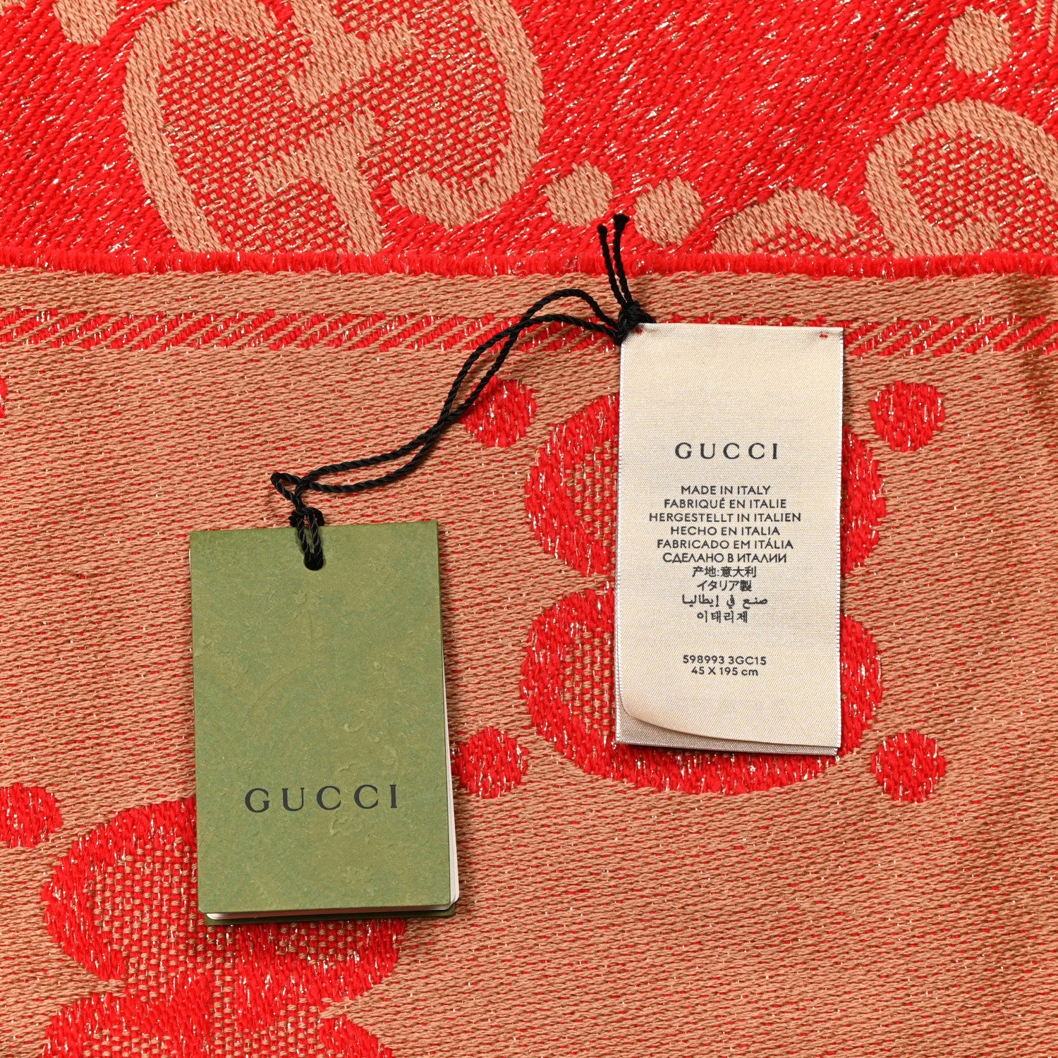 Gucci Wool Lame Jacquard Monogram Jumbo GG Lady Nest Lux Scarf Flame Beige 5 of 5