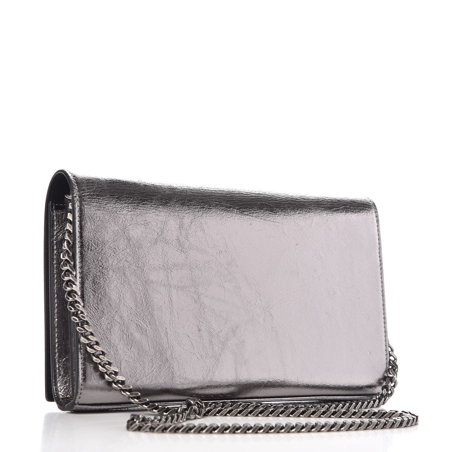 Metallic Crackled Calfskin Monogram Chain Wallet Acciaio Nero