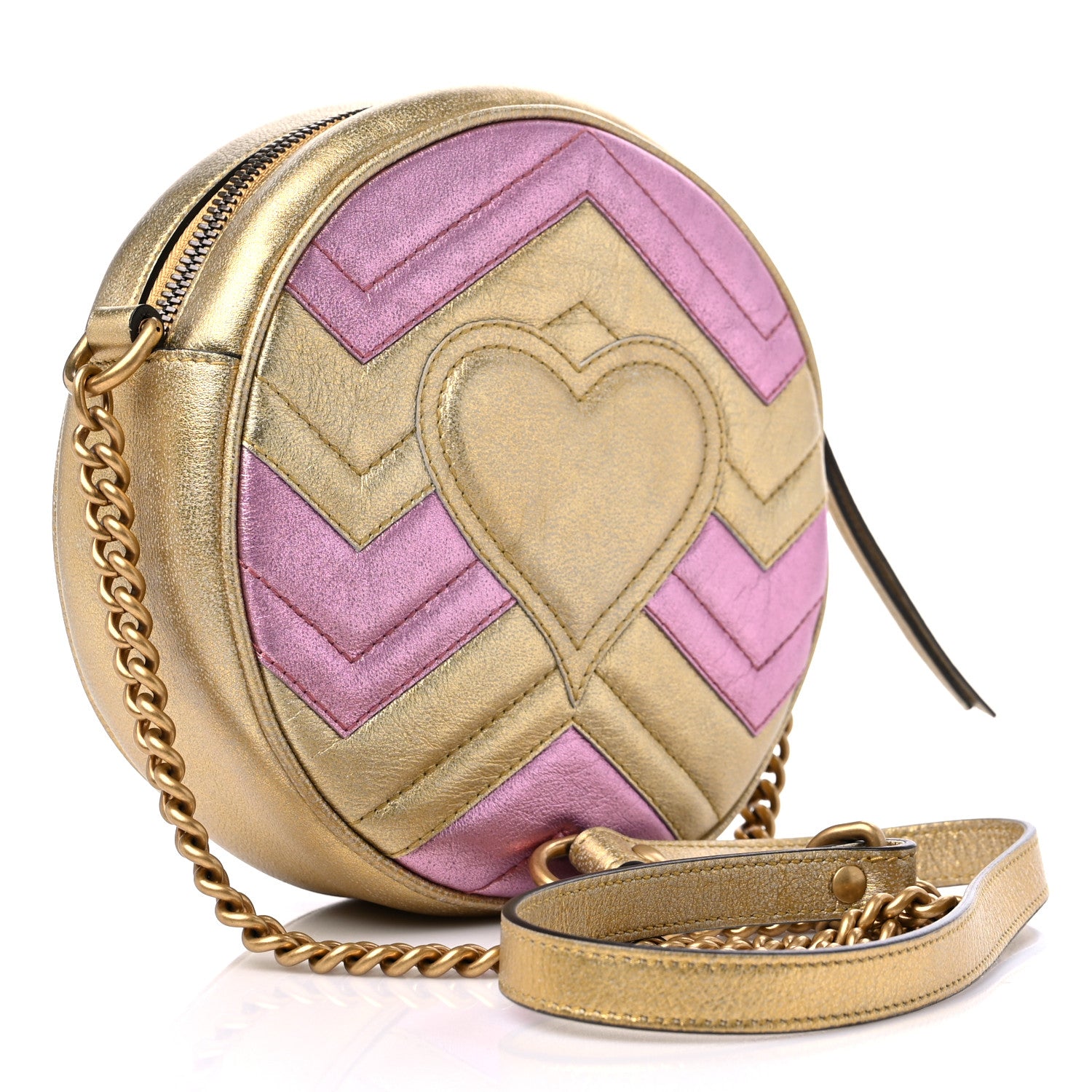 Gucci Metallic Nappa Matelasse Heart Mini GG Marmont Round Shoulder Bag Oro Vecchio Rosa 3 of 9