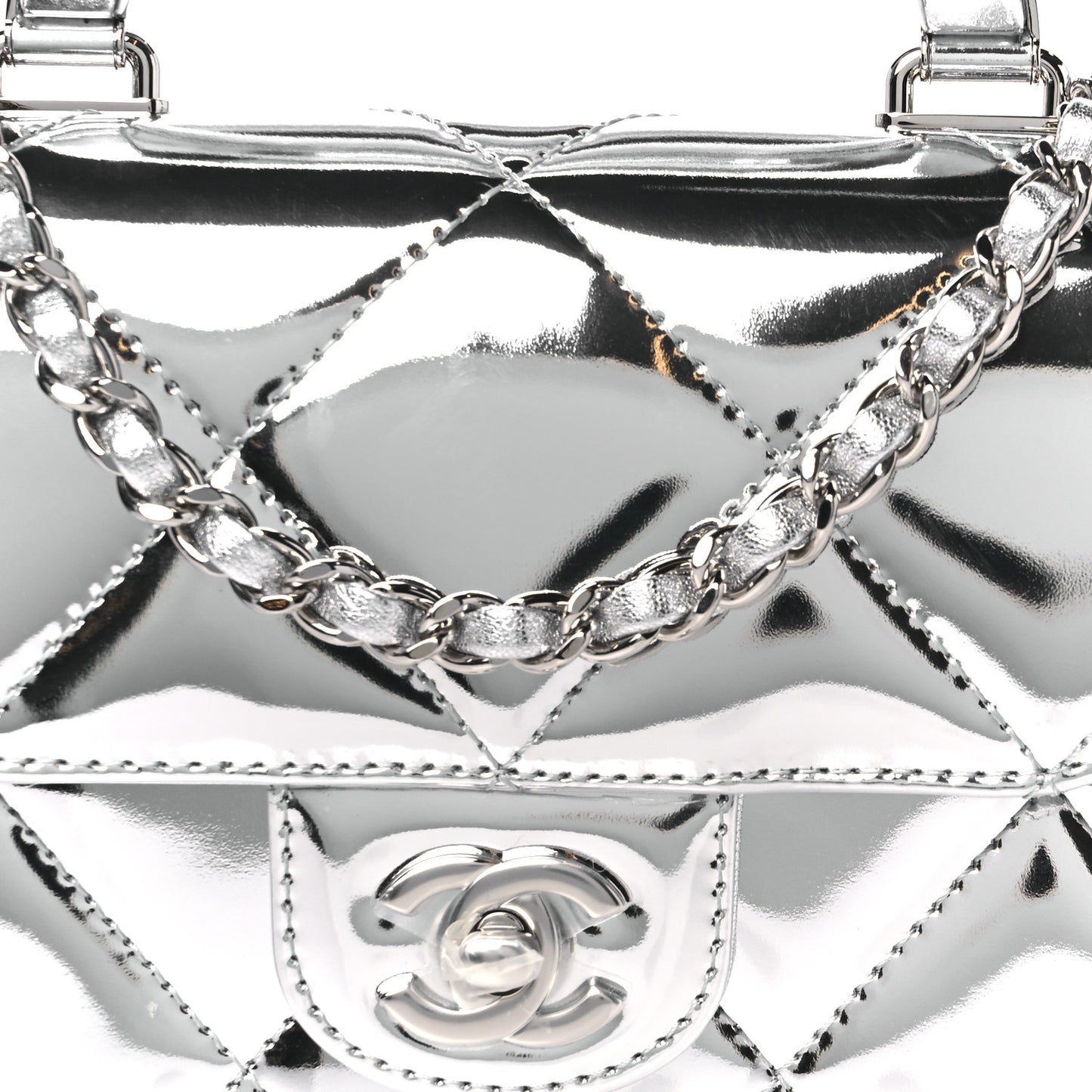 Mirror Calfskin Small Top Handle Clutch With Chain Silver