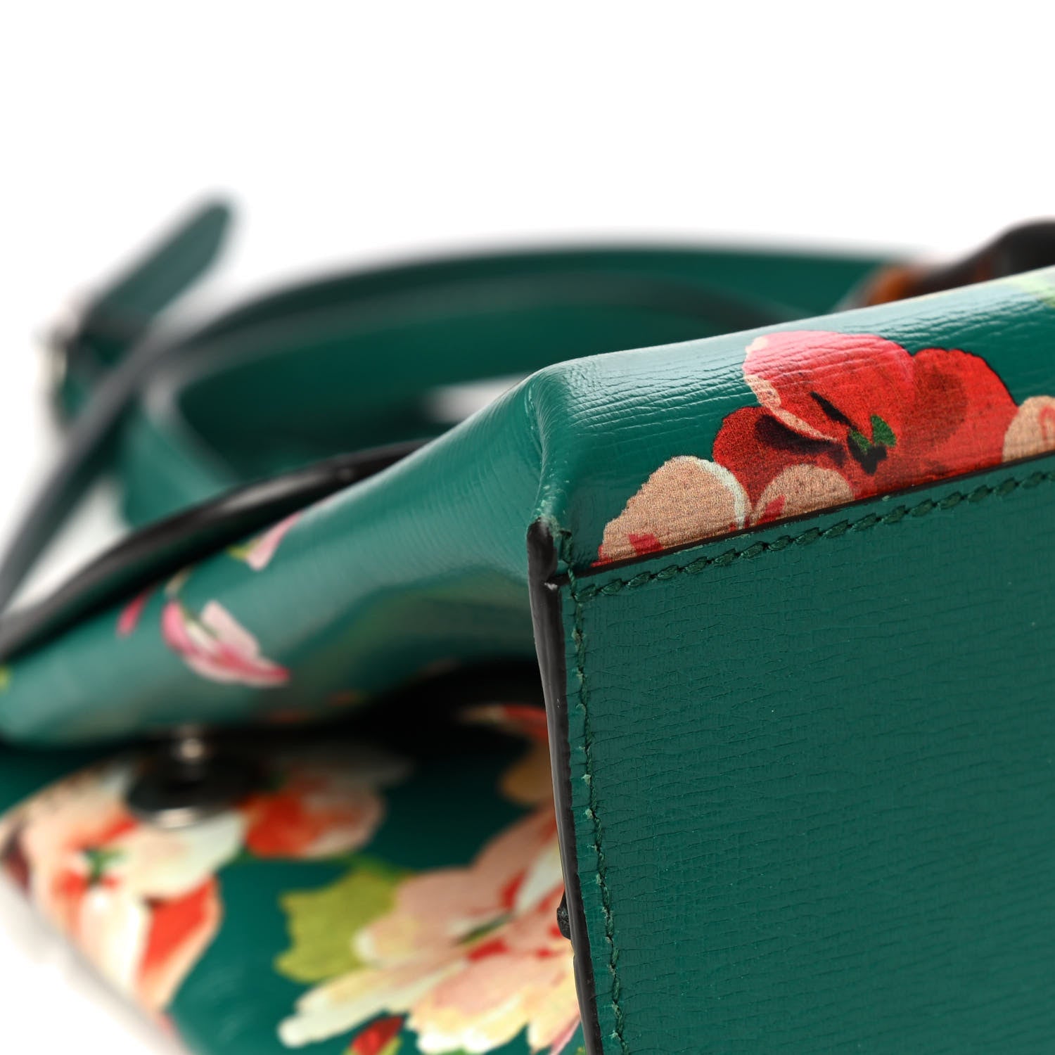 Gucci Shangai Calfskin Blooms Print Small Bamboo Daily Top Handle Bag Clear Bright Emerald Multicolor 9 of 14