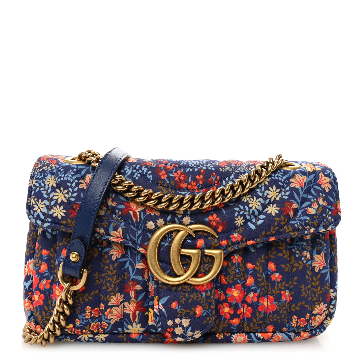 Gucci Cotton Calfskin Matelasse Floral Print Small GG Marmont Shoulder Bag Blue Red Deep Ocean Blue 1 of 10