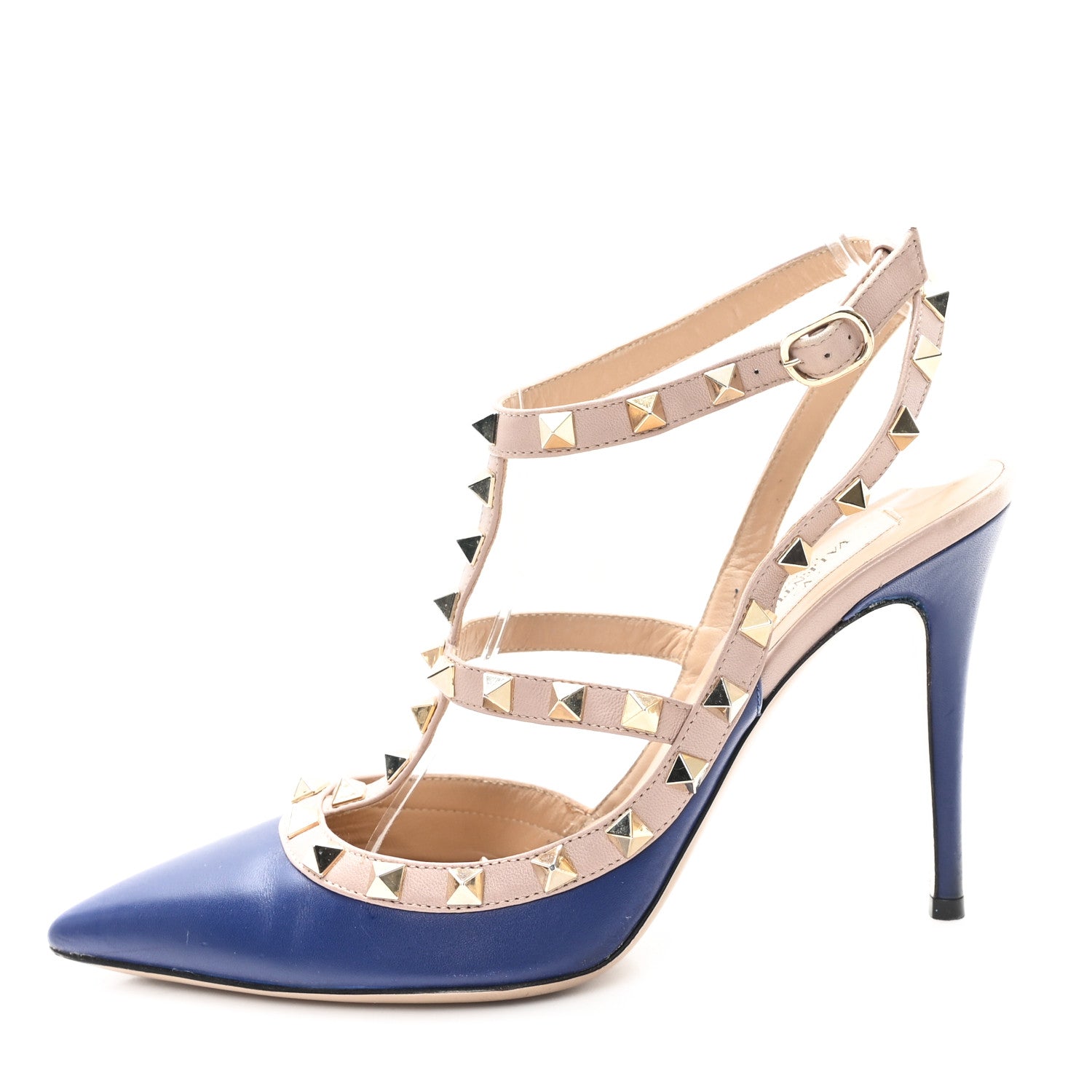 Valentino Garavani Calfskin Nappa Rockstud Ankle Strap 100mm Pumps 37.5 Marine Poudre 1 of 9