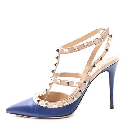 Valentino Garavani Calfskin Nappa Rockstud Ankle Strap 100mm Pumps 37.5 Marine Poudre 1 of 9