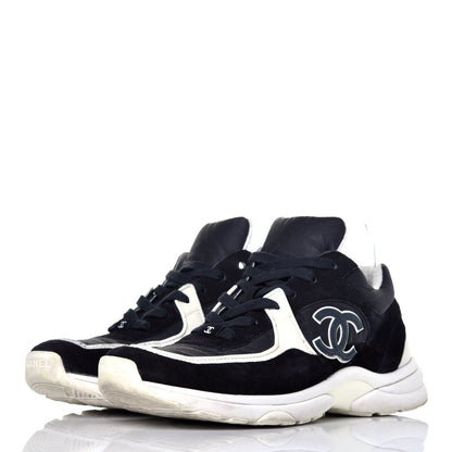Chanel Fabric Calfskin Suede CC Womens Sneakers 42 Black Navy White 3 of 8