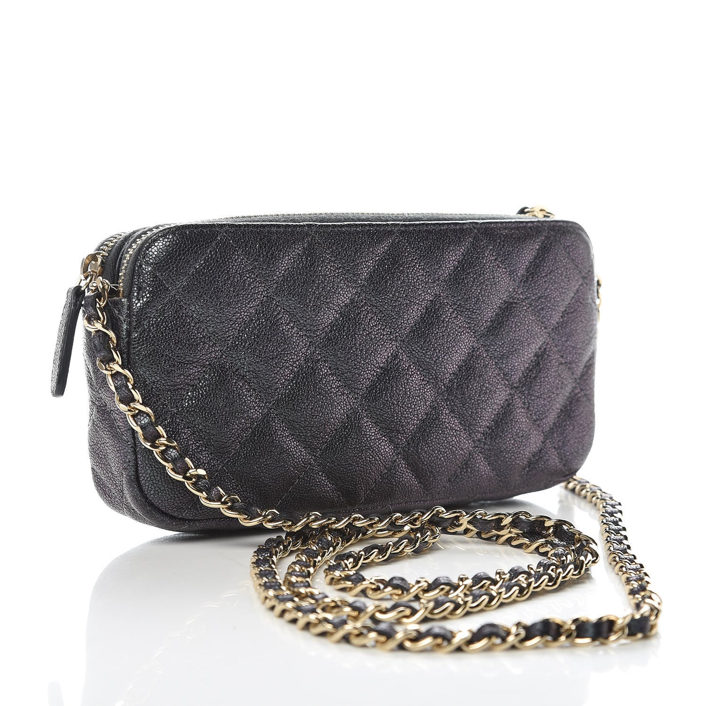 Iridescent Caviar Quilted Clutch With Chain Black