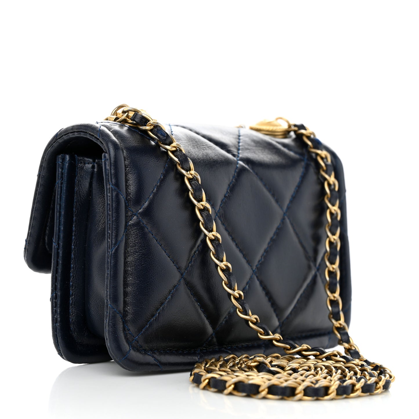Shiny Lambskin Quilted Extra Mini Flap Navy Blue
