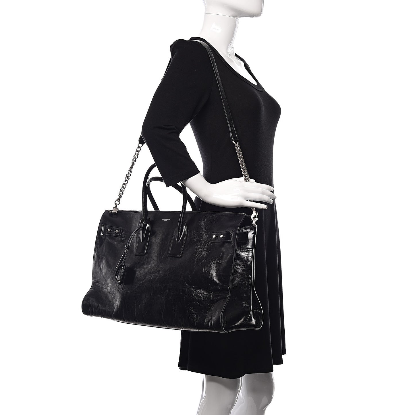 Cracked Shiny Calfskin Souple 36H Sac De Jour Duffle Black