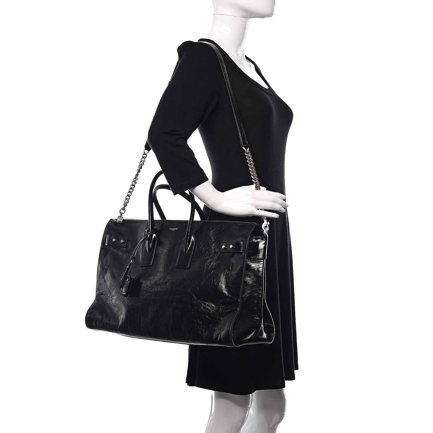 Saint Laurent Cracked Shiny Calfskin Souple 36H Sac De Jour Duffle Black 2 of 11