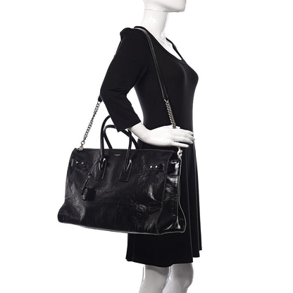 Saint Laurent Cracked Shiny Calfskin Souple 36H Sac De Jour Duffle Black 2 of 11