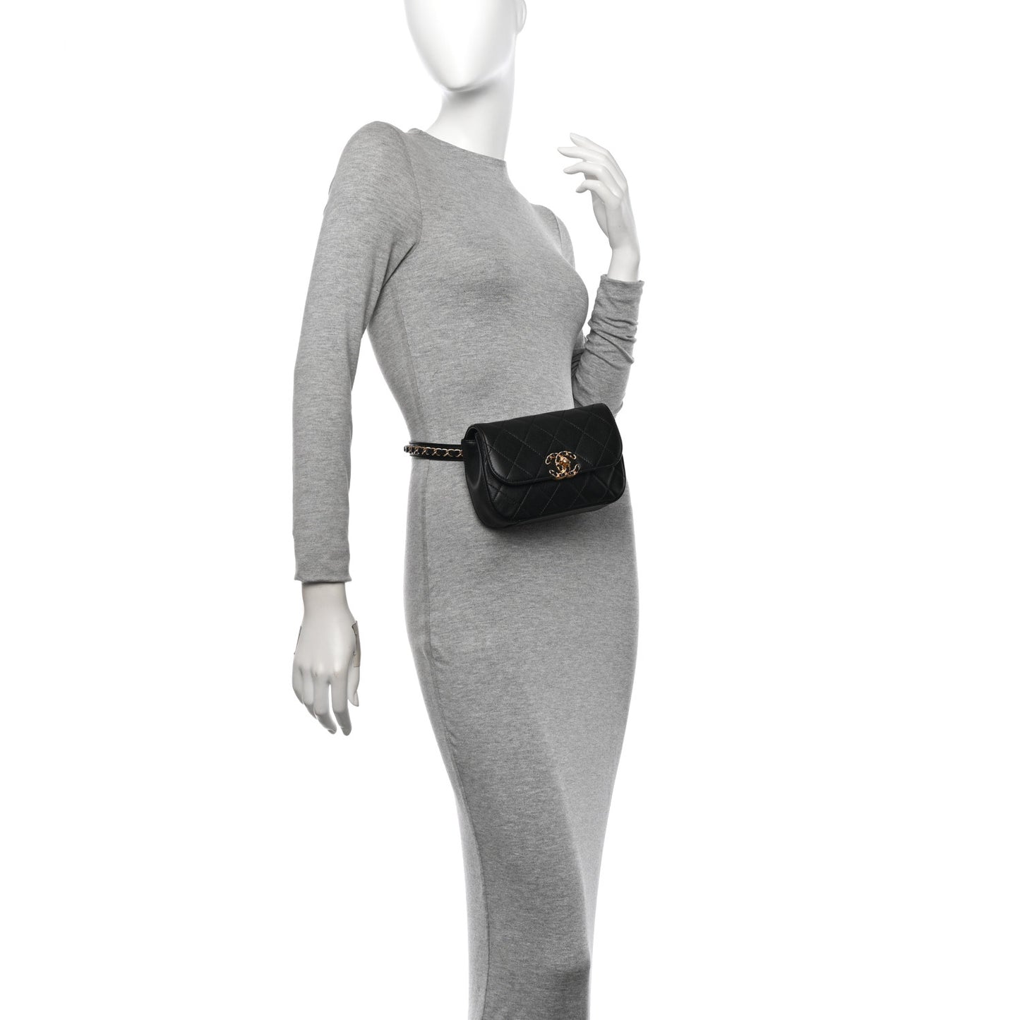 Lambskin Quilted Chain Infinity Waist Belt Bag Black