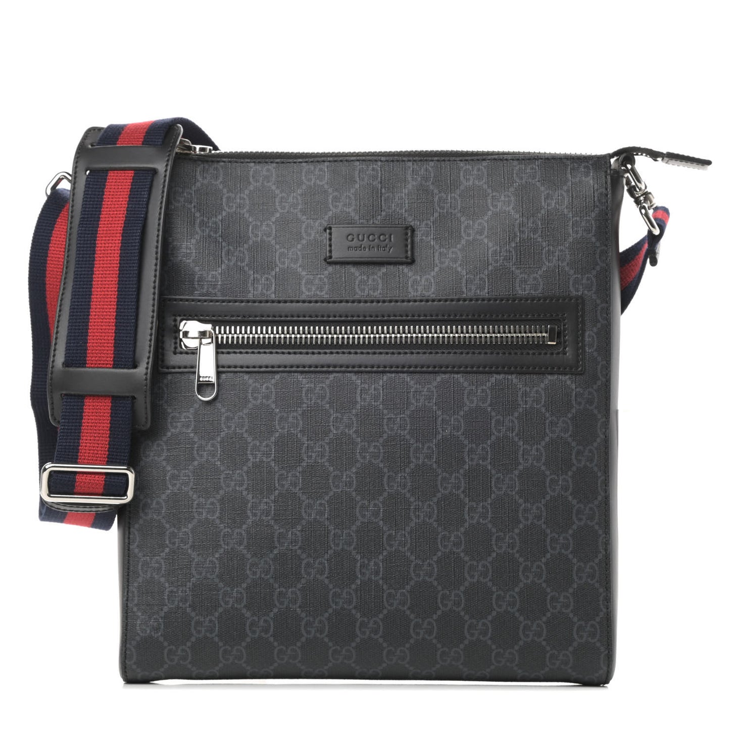 GG Supreme Monogram Appia Calfskin Web Flat Messenger Bag Black Grey
