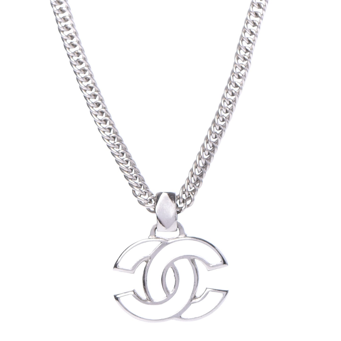 Metal Enamel CC Necklace Silver White
