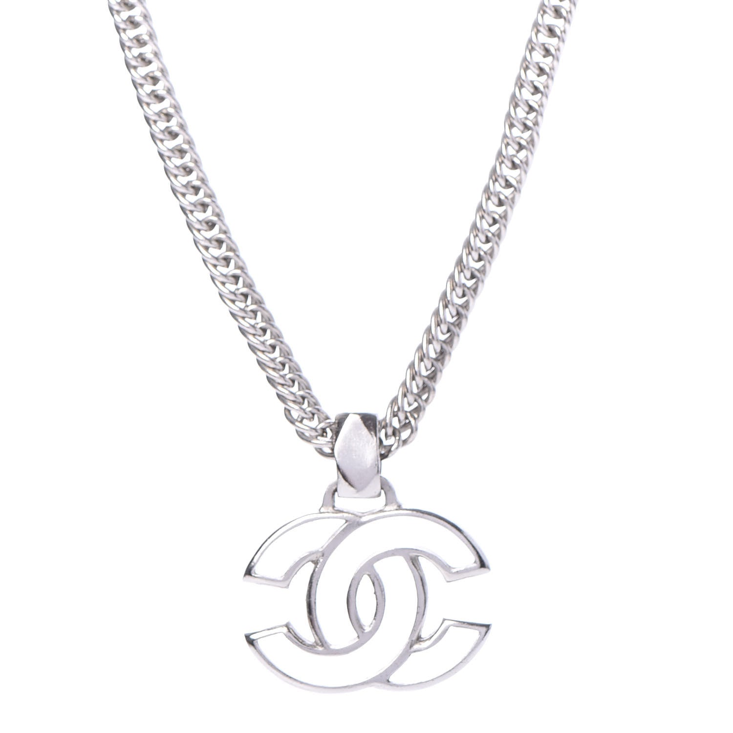 Chanel Metal Enamel CC Necklace Silver White 3 of 6