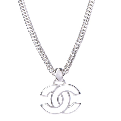 Chanel Metal Enamel CC Necklace Silver White 3 of 6