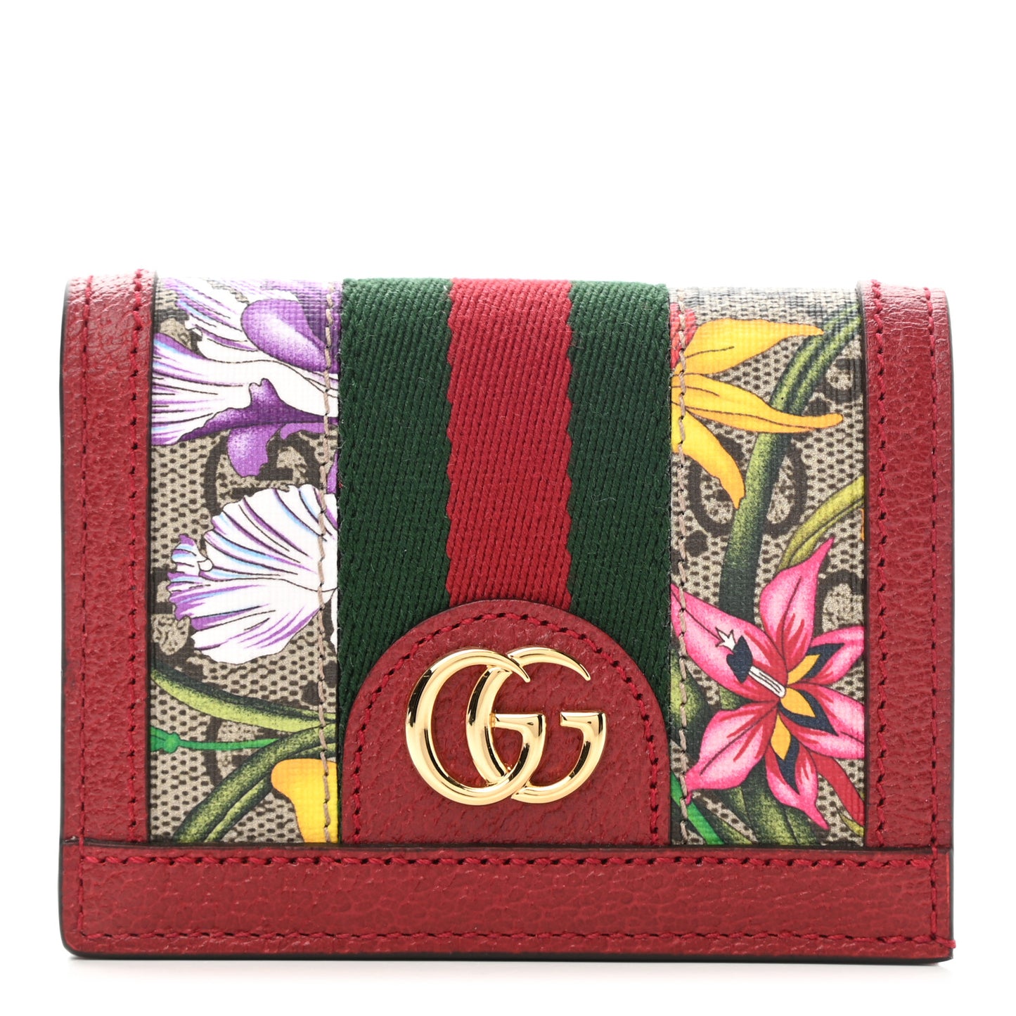 GG Supreme Monogram Flora Web Ophidia Card Case Red