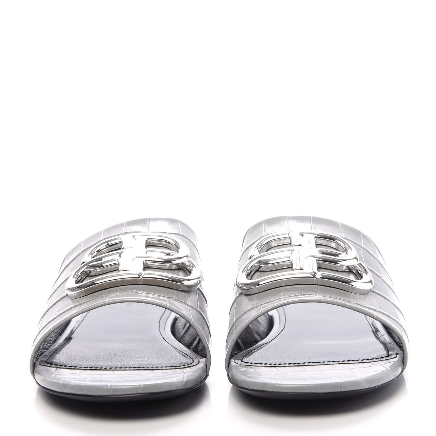 Calfskin Crocodile Embossed Oval BB 5mm Mule Sandals 38.5 Balenciaga Grey