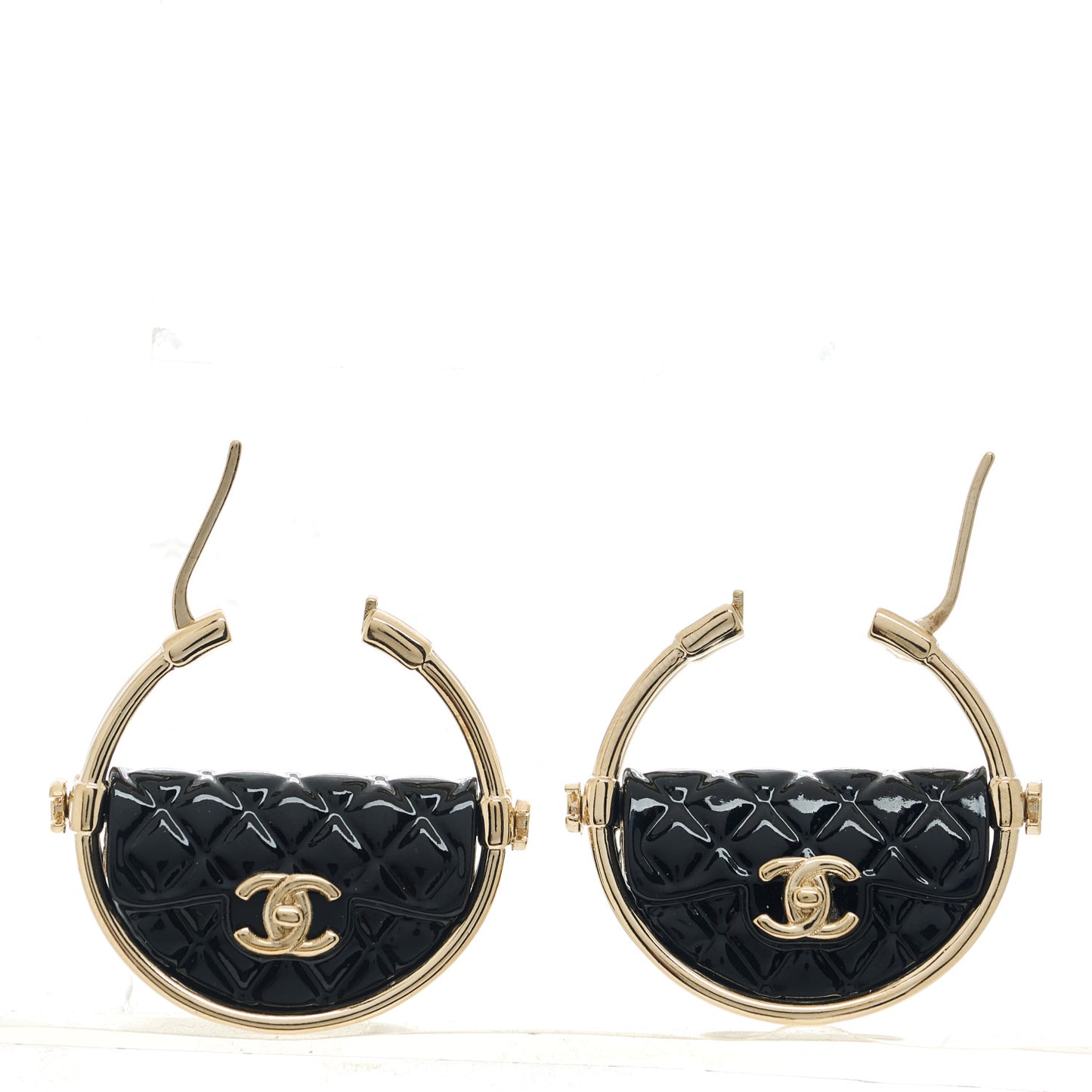 Metal Resin Quilted Flap Bag Hoop Earrings Black Gold