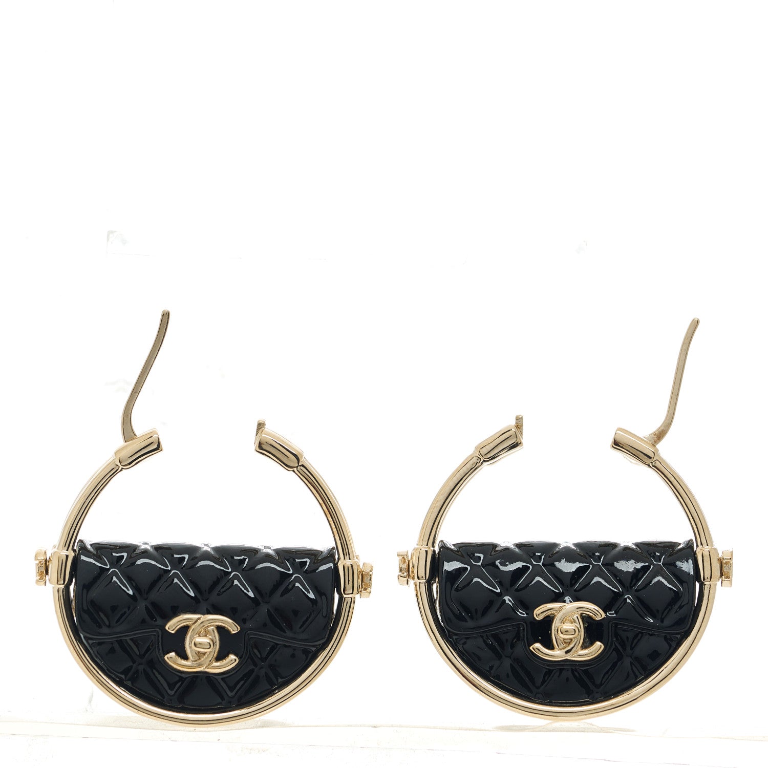 Chanel Metal Resin Quilted Flap Bag Hoop Earrings Black Gold 3 of 5