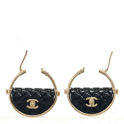 Chanel Metal Resin Quilted Flap Bag Hoop Earrings Black Gold 3 of 5