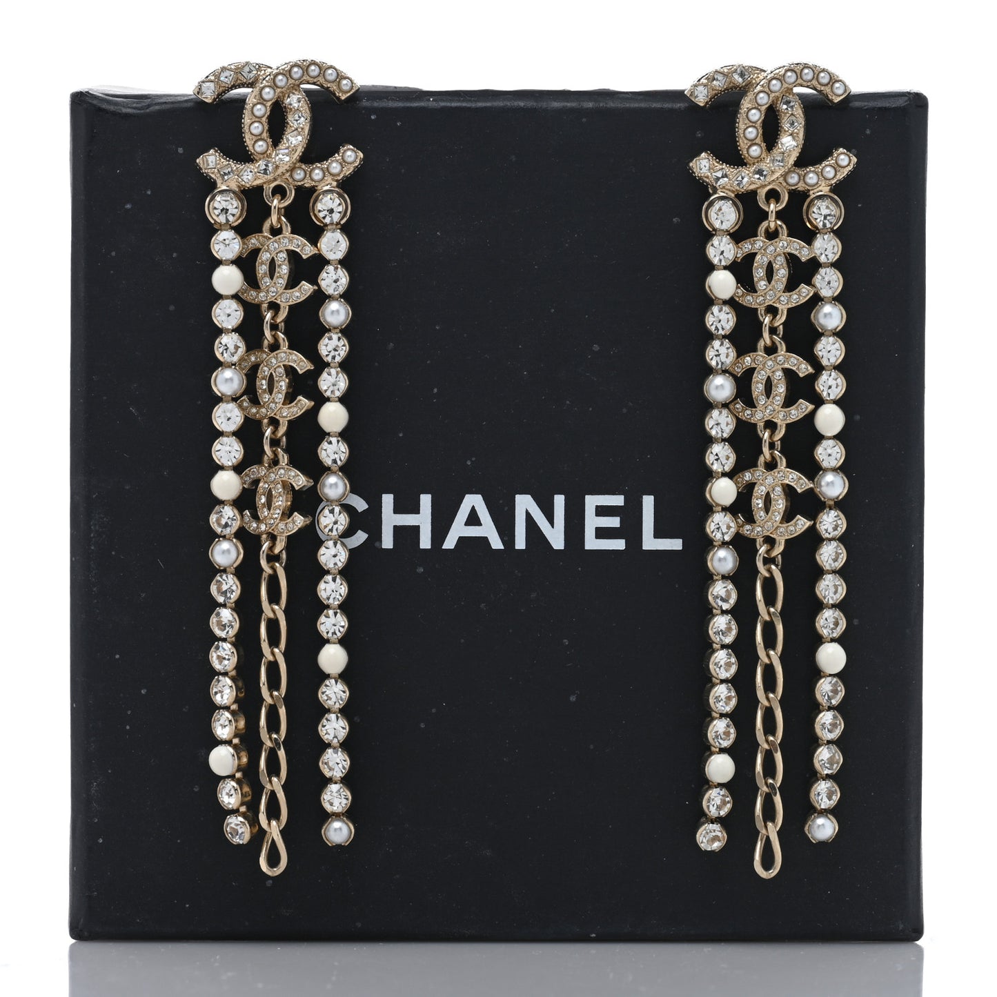 Pearl Crystal CC Chain Drop Earrings Light Gold Pearly White