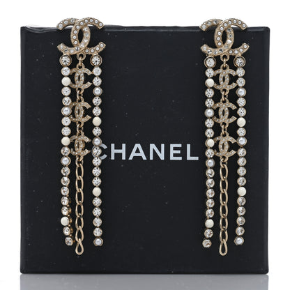 Chanel Pearl Crystal CC Chain Drop Earrings Light Gold Pearly White 5 of 5