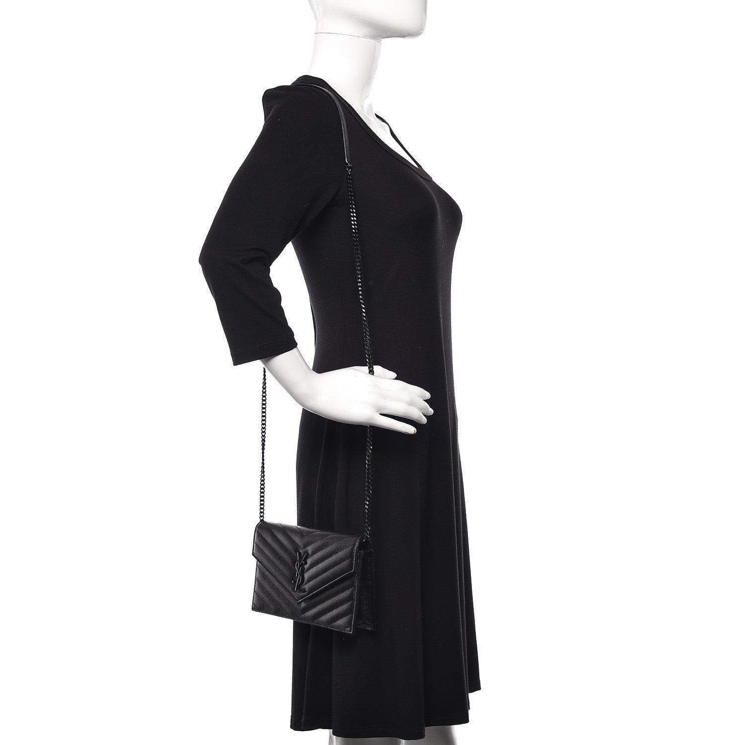 Saint Laurent Grain De Poudre Matelasse Chevron Monogram Envelope Chain Wallet Black 2 of 11