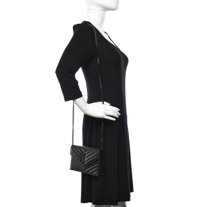 Saint Laurent Grain De Poudre Matelasse Chevron Monogram Envelope Chain Wallet Black 2 of 11