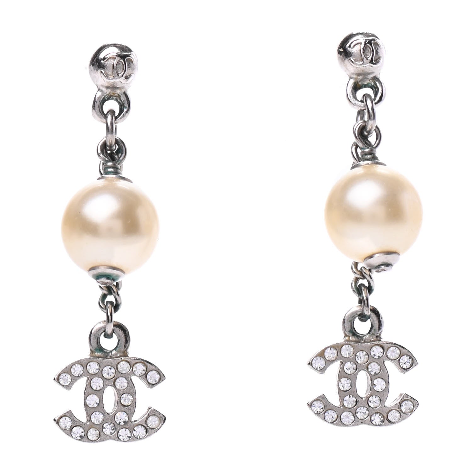 Chanel Crystal CC Pearl Drop Earrings Silver 1 of 4