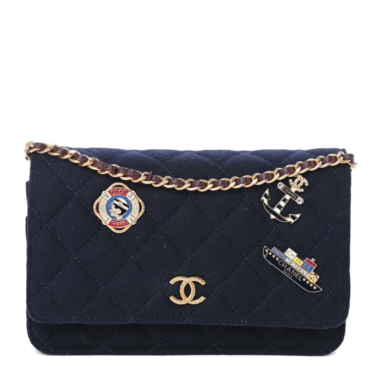 Chanel Felt Quilted Paris-Hamburg Charms Wallet On Chain WOC Dark Navy 1 of 10