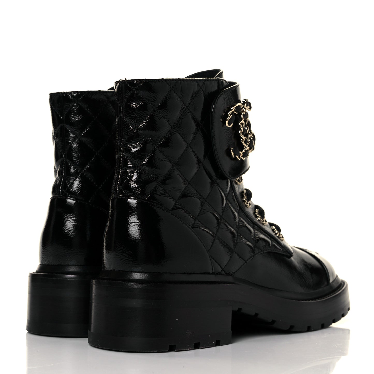 Shiny Calfskin Quilted Lace Up Combat Boots 35.5 Black