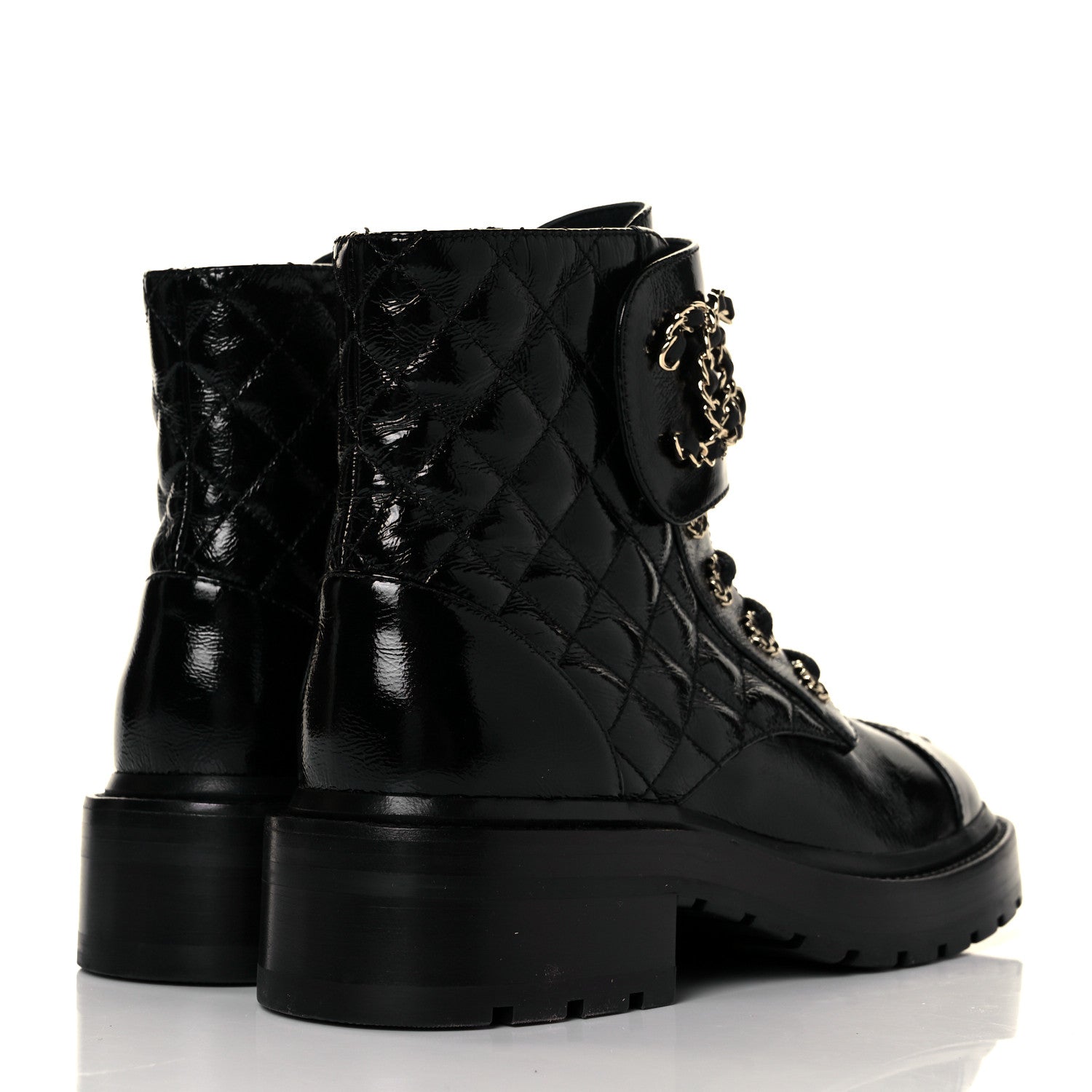 Chanel Shiny Calfskin Quilted Lace Up Combat Boots 35.5 Black 4 of 9