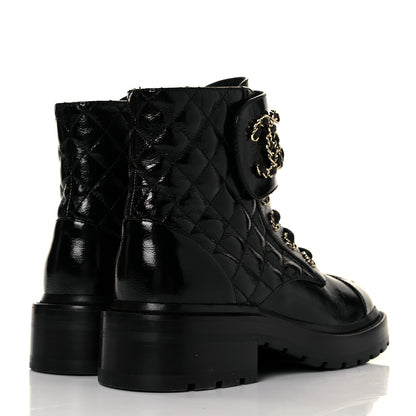 Chanel Shiny Calfskin Quilted Lace Up Combat Boots 35.5 Black 4 of 9