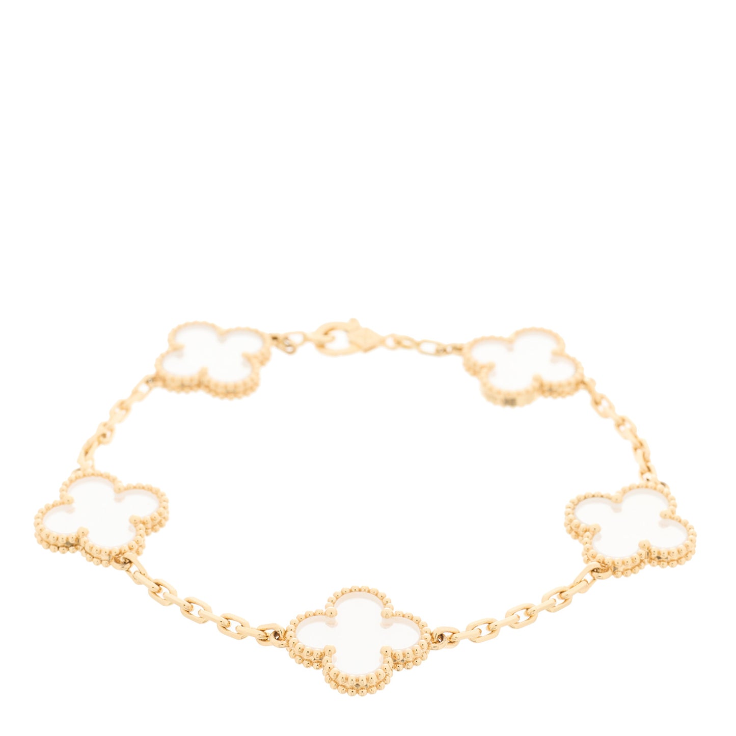 VAN CLEEF & ARPELS 18K Yellow Gold Rock Crystal 5 Motifs Vintage Alhambra Bracelet