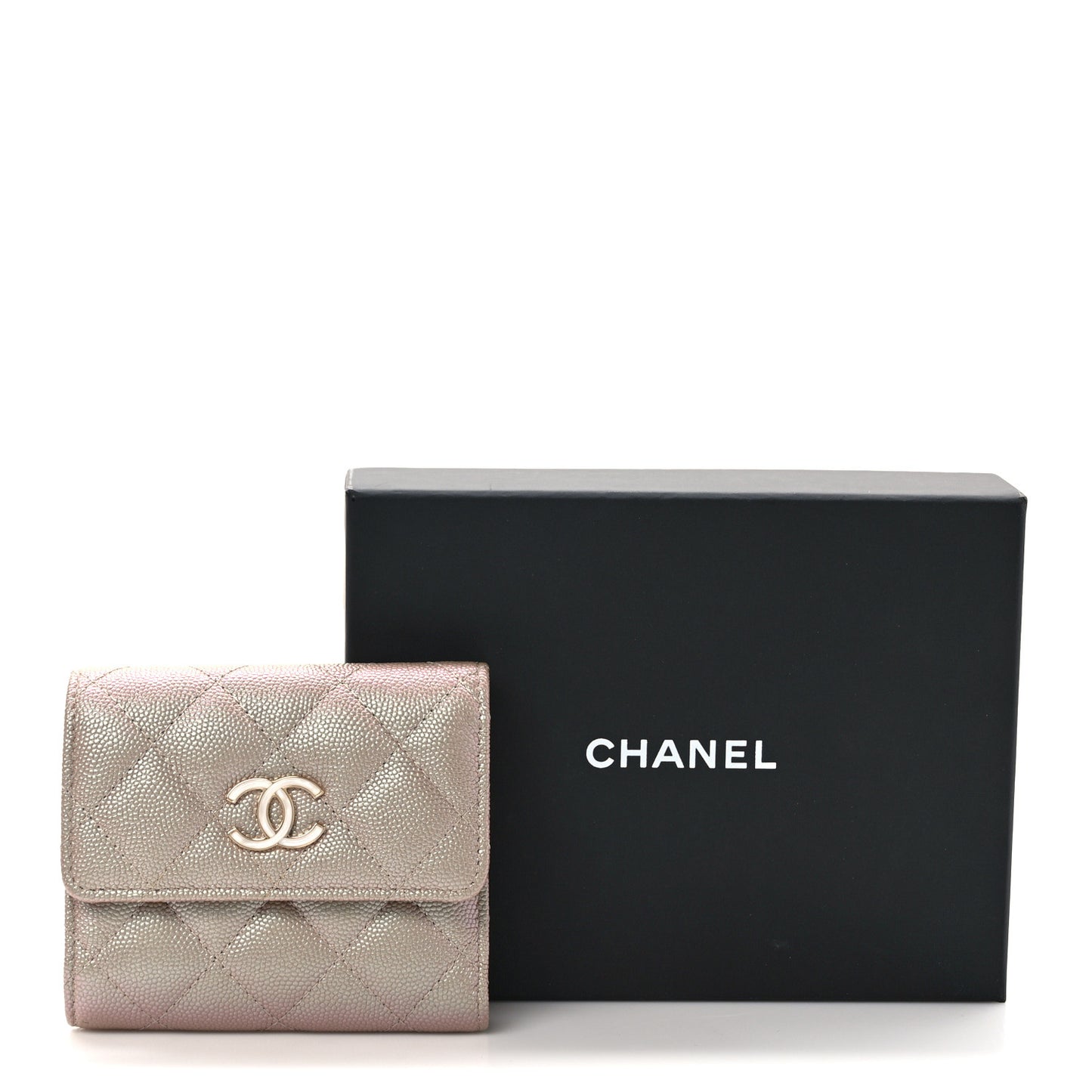 Iridescent Caviar Quilted Small Flap Wallet Beige